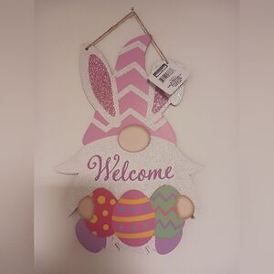 COPY - Wood Easter Bunny Gnome & Eggs Welcome Hanging Wall Door or Wreath Sign